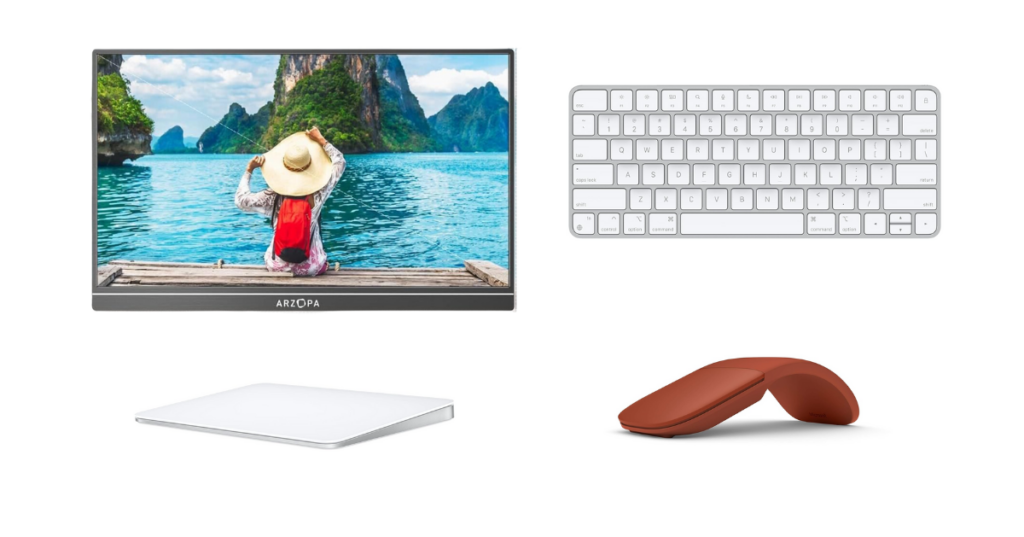 Arzopa portable monitor, Apple magic keyboard and magic trackpad, and microsoft surface arc mouse on a white background