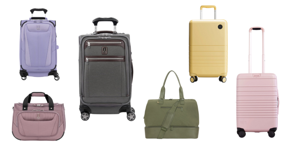 suitcases on a white background, including travelpro, beis, and monos brands