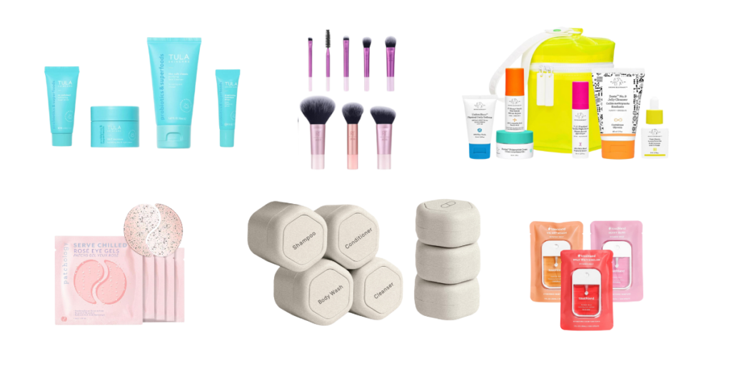 Self care gifts for travelers including makeup brushes and travel skincare