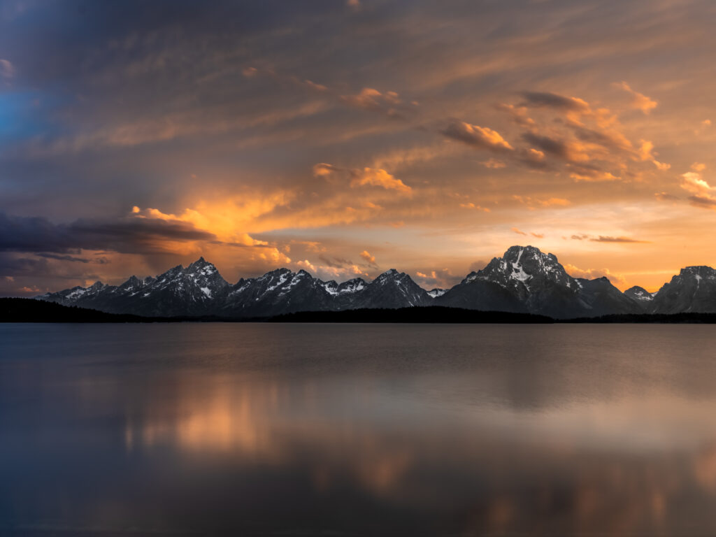 Sunset over Jackson Lake with Mount Moran and the Teton Range in Grand Teton National Park